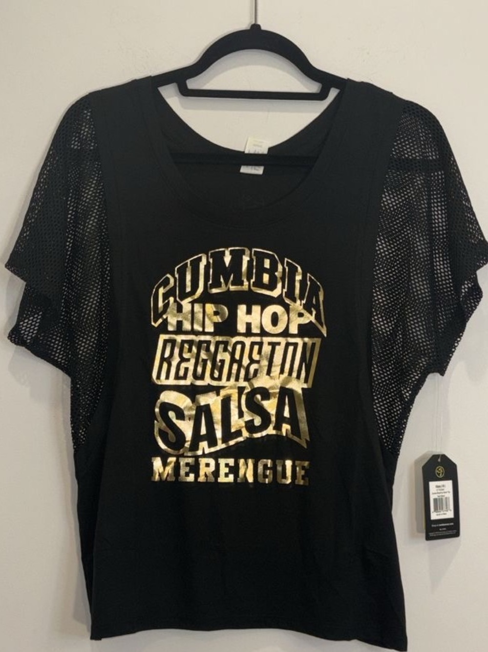 Zumba Rhythms Mesh Top Black Gold Graphic Dance Fitness Shirt Women's XS